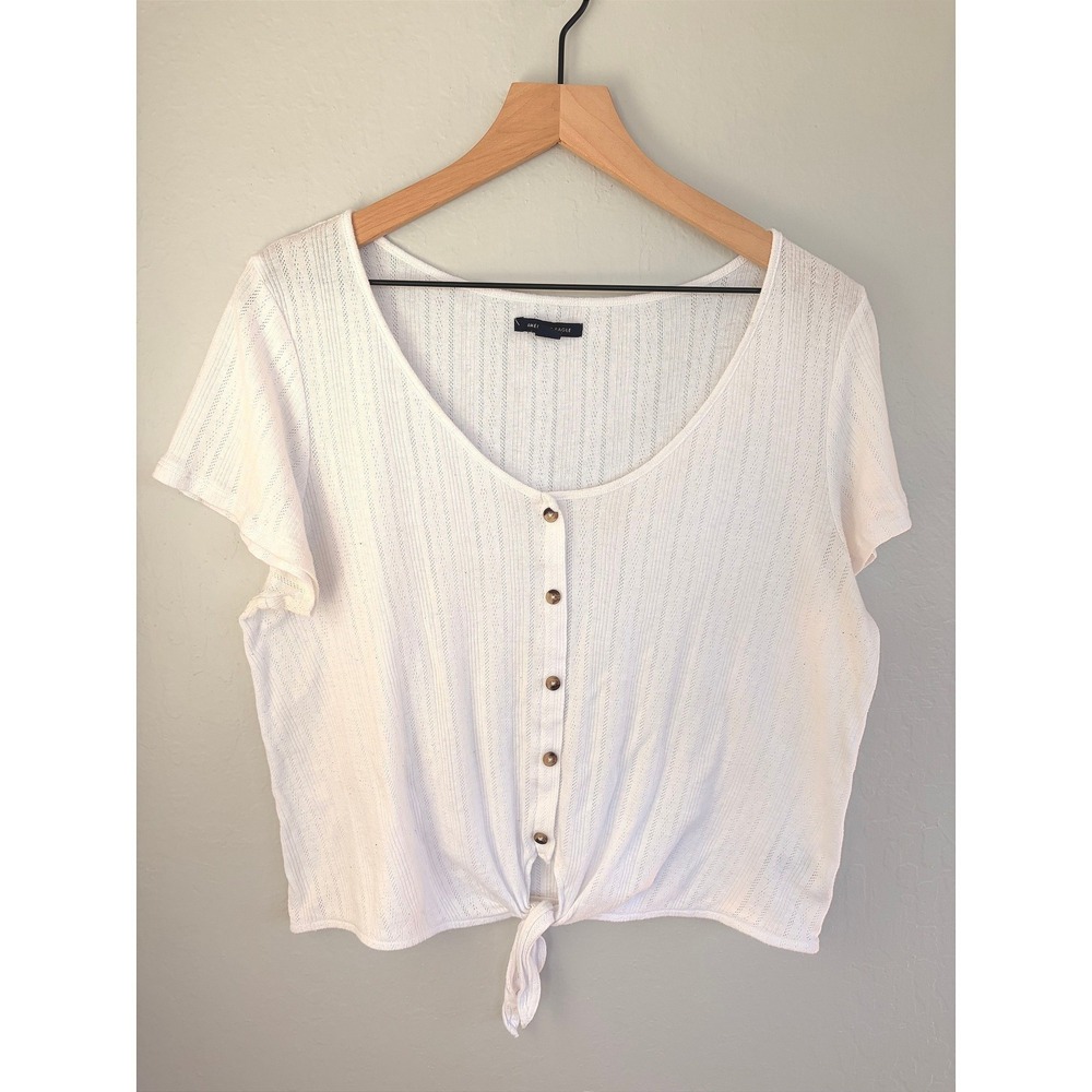 American Eagle Top Womens XL White Pointelle Knit Tie Front Button Crop